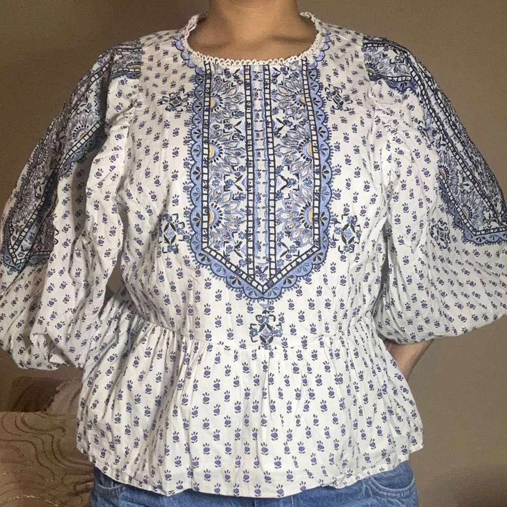 Anthropologie Bohemian Blue and White Women's Top